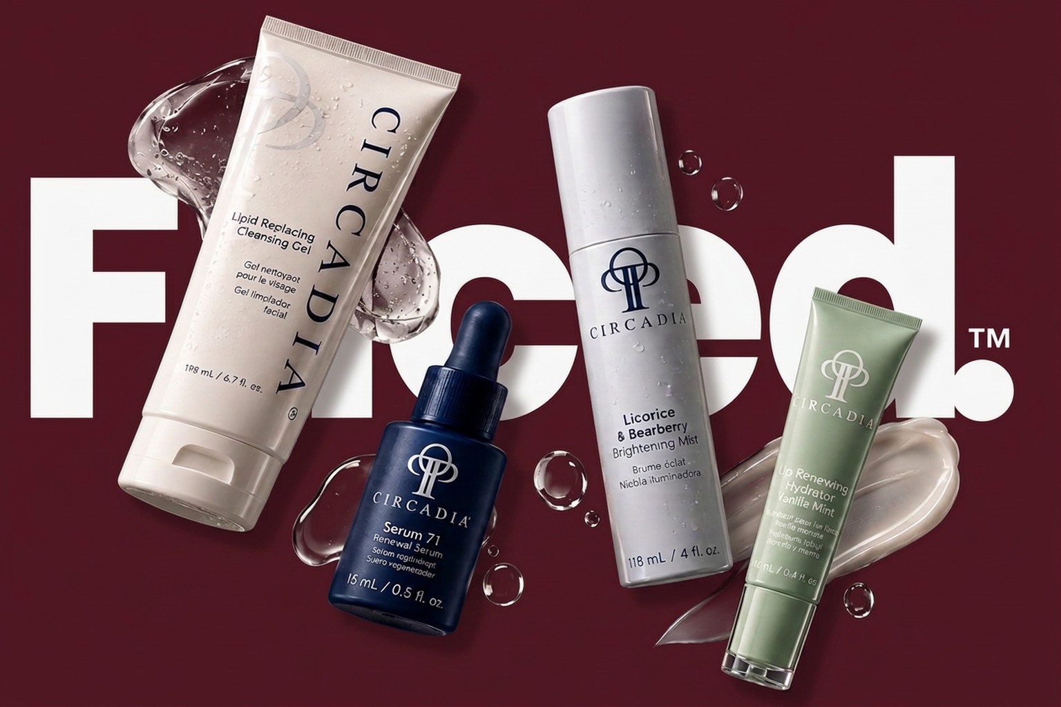 Faced. by Alizè — curated Circadia skincare products including Lipid Replacing Cleansing Gel, Serum 71, Licorice & Bearberry Brightening Mist, and Lip Renewing Hydrator Vanilla Mint